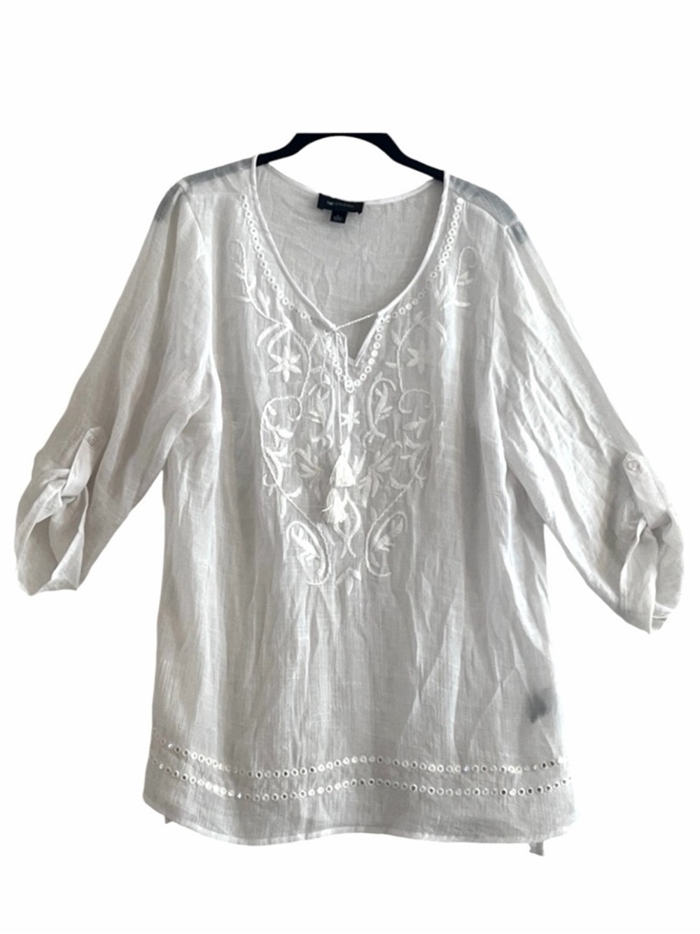AB Studio Chic Embroidered Rhinestoned White Blouse Size L